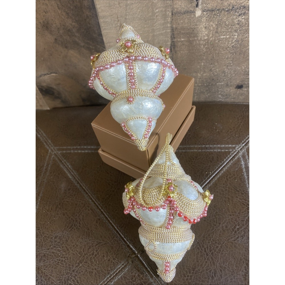 Set Of 2 Ornate Vintage Beaded Embossed White Victorian Style Christmas Ornament